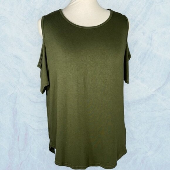 Boohoo t-shirt top cold shoulder round curved hem crew neck khaki green size 10 - Picture 1 of 11